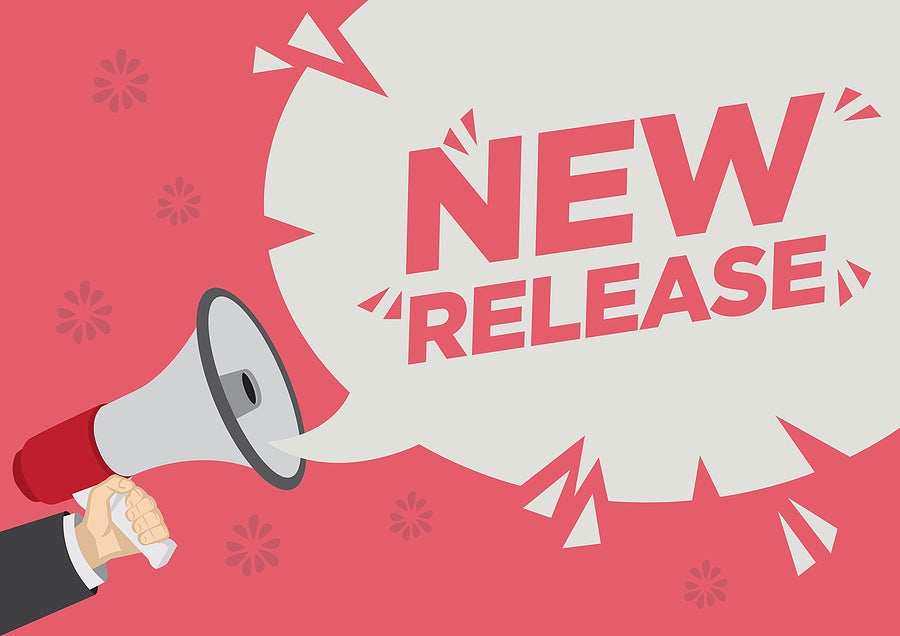 Megaphone pointing to a chat bubble that readings New Release
