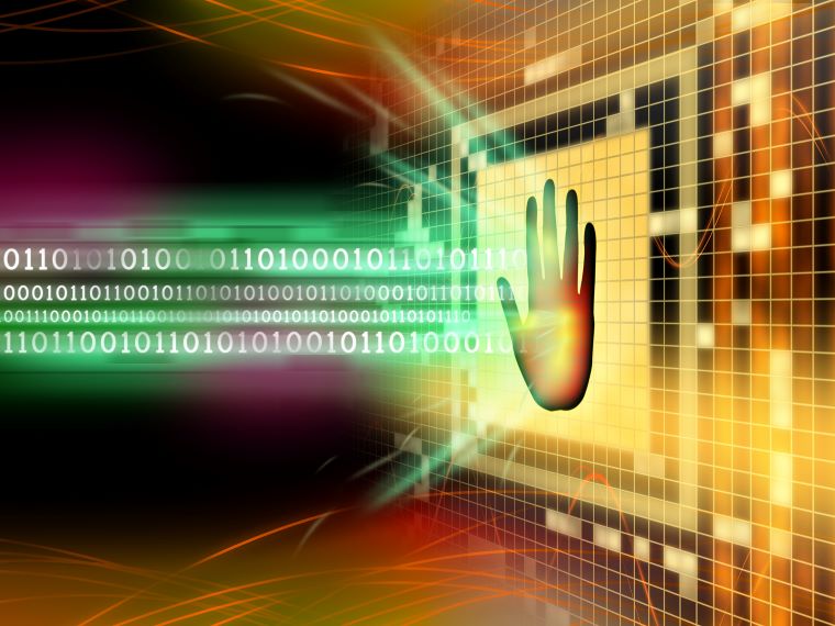 Icon of a hand shielding a stream of data characters, blocking its path